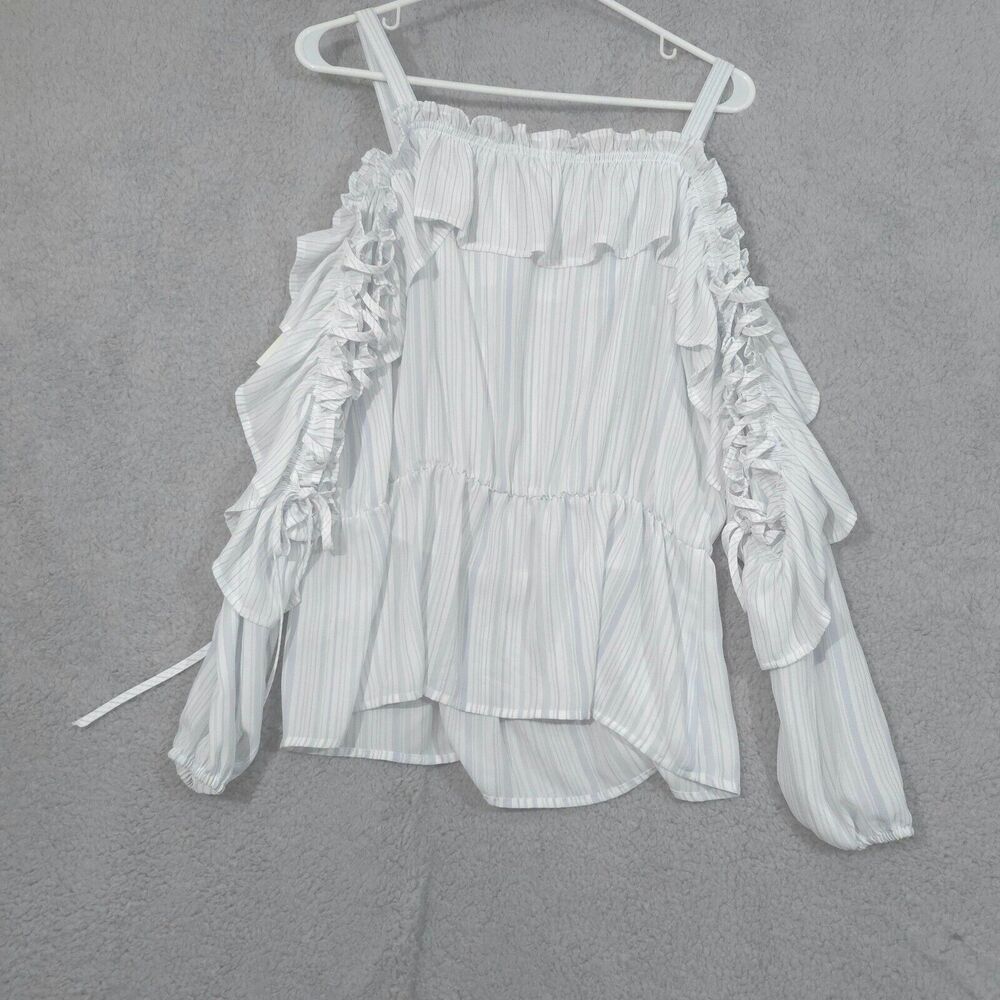 Belle Sky Off Shoulder Blouse M Beachy Laced Arms White Blue Stripe Ruffly Flowy